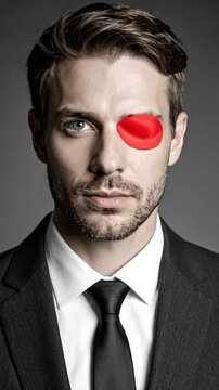 Man in suit with red patch over eye, looking directly at camera
