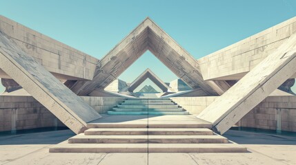 Abstract architectural design with symmetrical concrete structures and clear sky