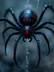 Obraz premium A black widow spider with red eyes. .