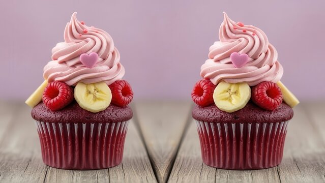 Two decorated cupcakes with pink frosting and fruit toppings on a wooden surface