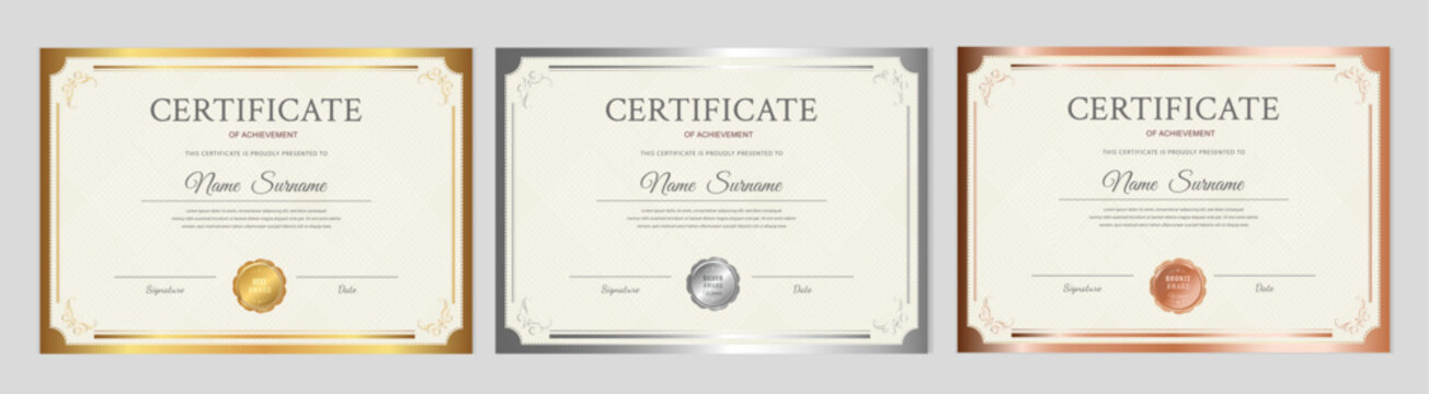 Certificate of achievement templates set. Gold, silver, and bronze horizontal diploma layouts with seals and elegant borders. Professional vector design for school and corporate awards.