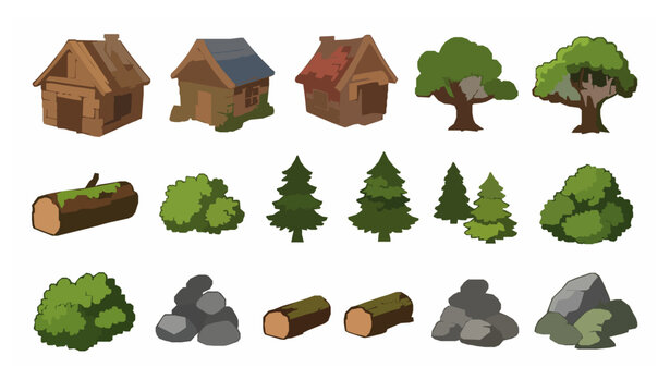 Forest cabin and woodland elements cartoon vector set cottage trees rocks bushes