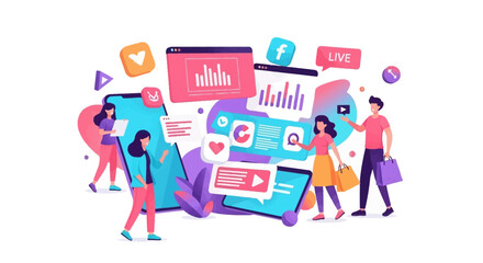 Colorful illustration of a group of Gen Z people interacting with mobile devices and social media icons, conveying a productive and innovative mood with a mix of design elements and banners