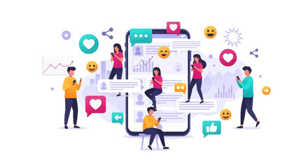 Colorful illustration of a diverse group of Gen Z people interacting with a giant smartphone surrounded by social media icons and graphs on a white background, conveying a productive and