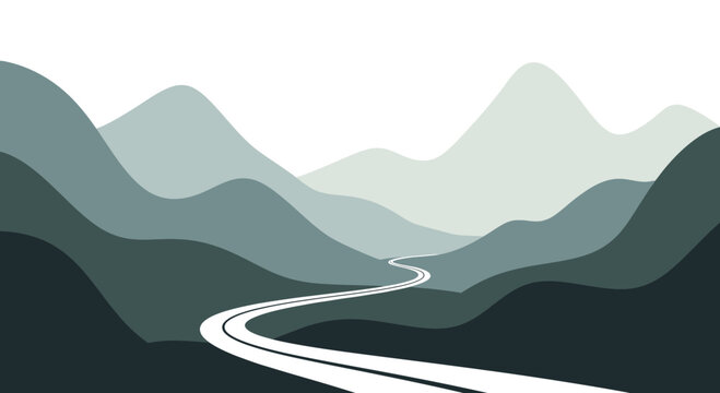 Winding Road Through Serene Mountain Landscape Minimalist Illustration.