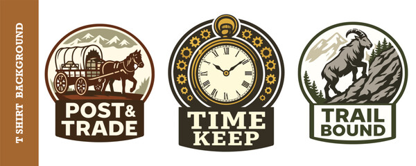 Vintageinspired circular logo designs featuring historical themes of trade travel and timekeeping elements isolated © jubayer95