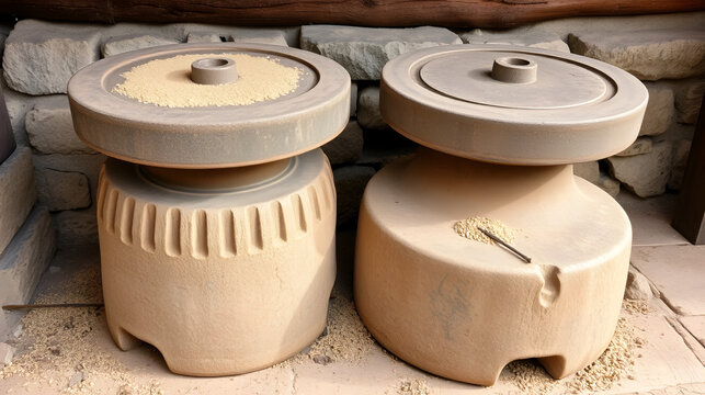 Old millstones for grinding grain, vintage
