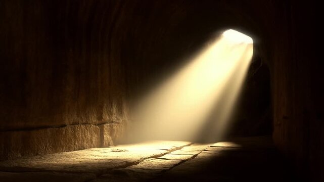 A shot from inside a dark cave tomb with a beam of morning sunlight illuminating the entrance concept of the empty tomb and resurrection