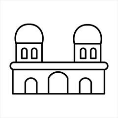 Fototapeta premium Simple line art drawing of a building with two domes and arched entrances, representing a mosque or historical landmark.