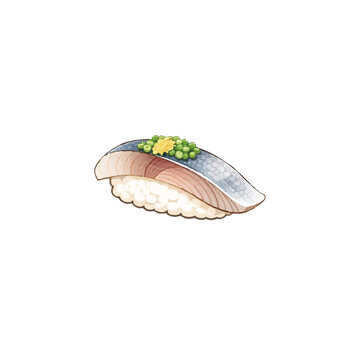 Shime Saba Cured Mackerel Nigiri Sushi Illustration Isolated on White Background Japanese Food