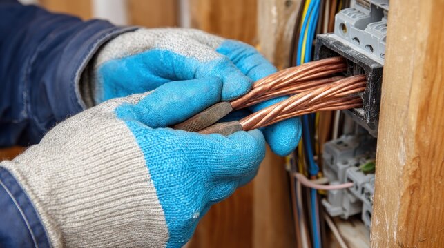Electrician working on wiring connection with copper cables closeup