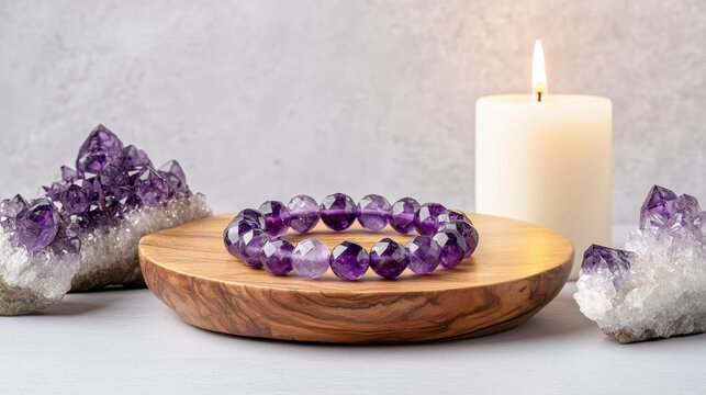 Amethyst Bracelet and Crystals: The image showcases an amethyst bracelet resting gracefully on a wooden platform, accompanied by two raw amethyst crystals and a single burning candle.