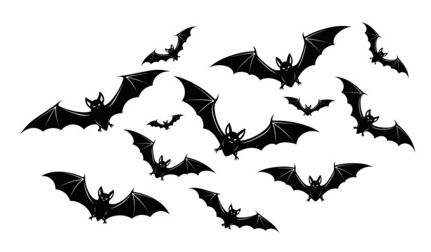 Spooky flying bats silhouette swarm Halloween vector illustration isolated on transparent background
