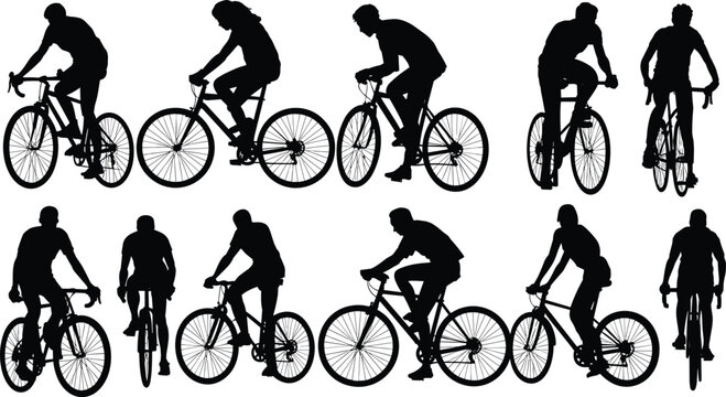 Collection of cyclist silhouettes in different riding positions on a white background Keywords: silhouette, cyclist, bicycle