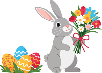 Obraz premium A cute cartoon rabbit holding a bouquet of colorful flowers next to decorated Easter eggs