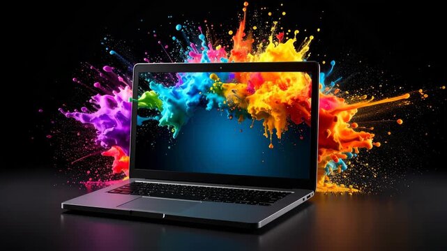 Modern laptop with vibrant colorful paint splashes exploding from screen