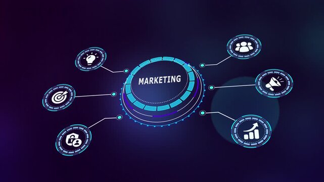 Digital marketing strategy hub with futuristic UI elements including targeting analytics growth and professional business promotion icons