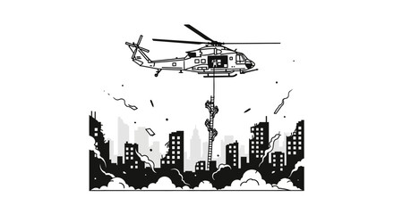 Obraz premium Helicopter Rescue Mission Over Destroyed Cityscape Pixel Art