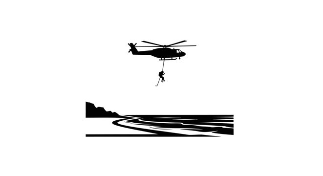Helicopter rescue operation over a beach, person rappelling down