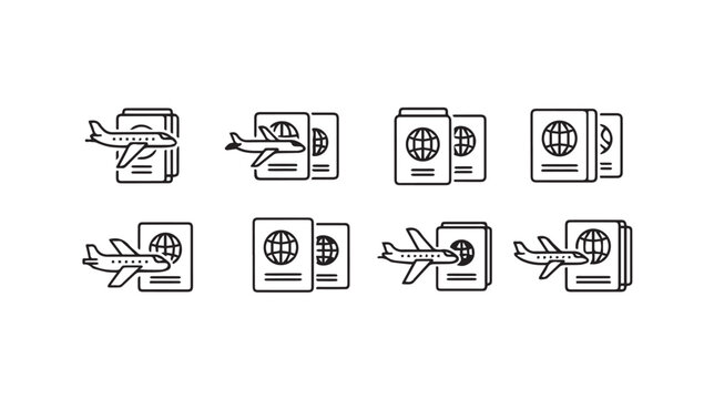 Airplane with Passport Icons Set Travel and Tourism Concept Vector Illustration