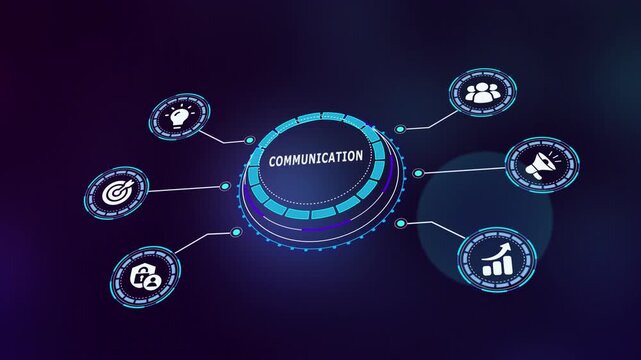 High tech digital communication network interface with interconnected icons representing global messaging data exchange and business interaction.