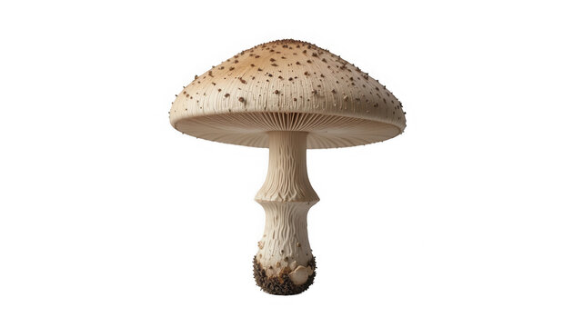 A close-up photograph of a mushroom with a white cap and stem against a black background