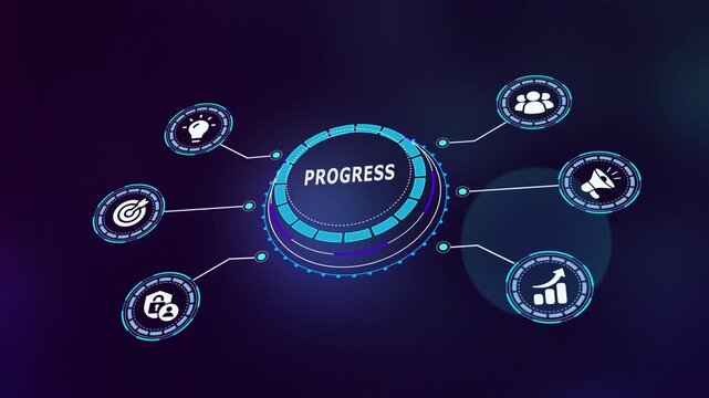 Digital business progress concept with futuristic analytics dashboard, connected workflow automation icons, performance growth chart and technology innovation network.