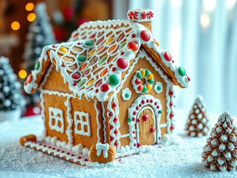 Gingerbread house with leaning walls and lopsided icing, a sweet disaster,  icing, Gingerbread