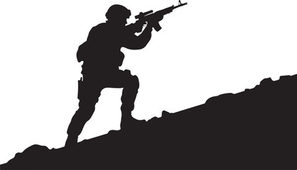 Black silhouette of soldier with rifle on hill