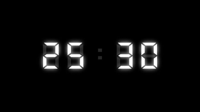Glowing White Digital Countdown Timer Animation from 30 to 0 Seconds on a black background. 4K Video
