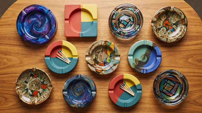 Colorful Artistic Ashtrays Collection on Wooden Table Top View with Matches and Abstract Designs