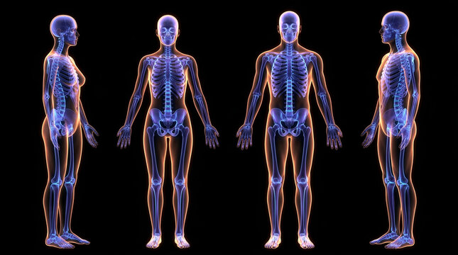Human anatomy A detailed visual representation of the male and female skeletal systems on a black background