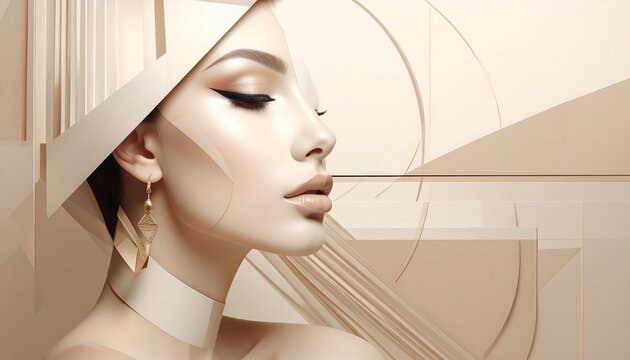 Elegant woman profile portrait in neutral tones with geometric background