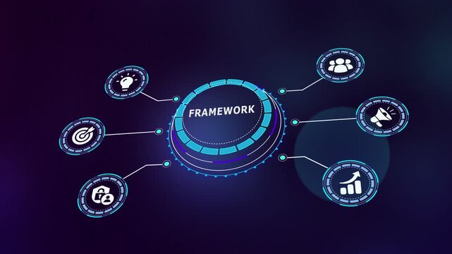 Digital business framework interface with interconnected strategy icons illustrating workflow structure, analytics integration, technology infrastructure and enterprise planning.