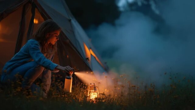 Camper using natural bug spray near tent Woman crouching beside a glowing lantern spraying mist near a tent wildflowers and grass