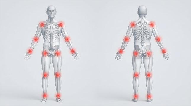 Anatomical illustration highlighting joints in the human body prone to pain or inflammation