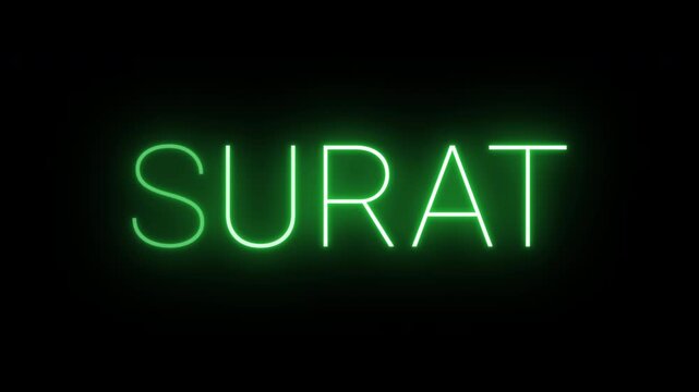 Flickering neon green glowing surat sign animated on black background.