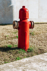 Fire hydrant stands on grass near concrete surface in urban area during daytime