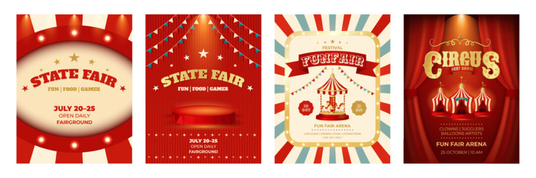 Colorful vintage poster set. Circus, state fair, fun fair template. Design for events, festival, carnival, party, performance and more. Retro vector illustration