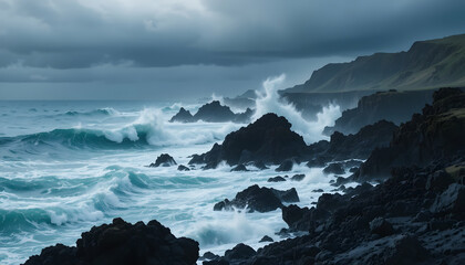 Obraz premium Dramatic Coastline With Volcanic Rocks And Turbulent Waves Under Storm Sky Landscape Image