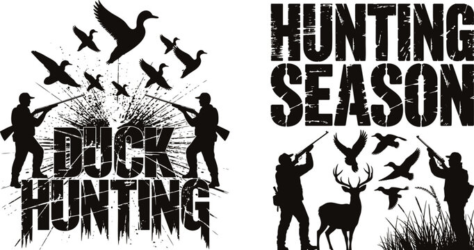 Silhouettes depict two hunters aiming at ducks and a deer during the hunting season