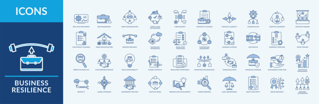 Business Resilience - Icon Collection. Thin Line Blue Set contains such Icons as regulatory compliance, stakeholder engagement, scenario planning and more. Simple web icons set