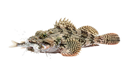 Obraz premium Large brown and white striped anglerfish eating a smaller fish with water splashing