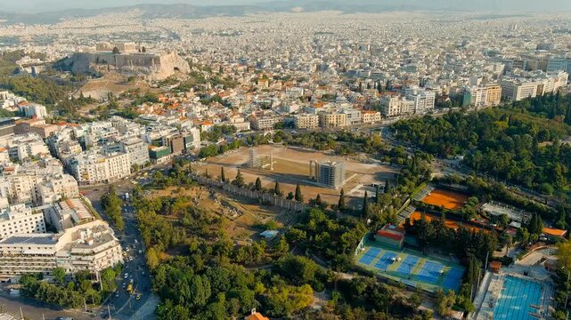 Athens, Greece. Olympeion, Temple of Olympian Zeus - the largest temple of Ancient Greece, built from the 6th century BC. e. until the 2nd century A.D. e. Summer. Drone footage, Point of interest