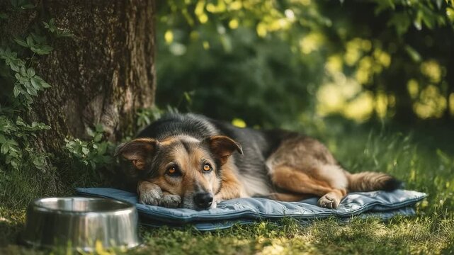 Dog resting under a shady tree with cooling mat water bowl Calm dog resting on patterned mat next to water bowl under tree outdoor background Concept of pet care and relaxation