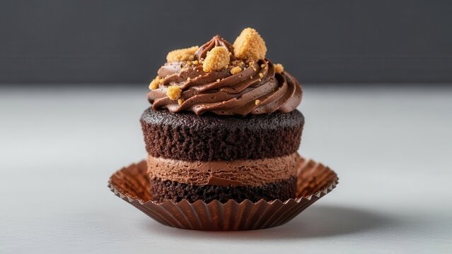 A chocolate cupcake with chocolate frosting and nuts on a brown plate on a light gray background