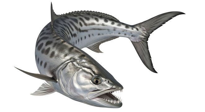 Large silver fish with black spots swimming aggressively with open mouth