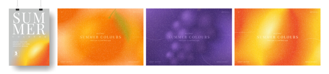 Set of bright summer gradient banners. Vibrant vector cards with colourful gradients and blurred summer fruit and berries. Collection of grainy backgrounds for summer events, branding, cover, sale. © Yaran