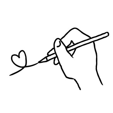 ペンでハートマークを描く右手の手描きイラスト
