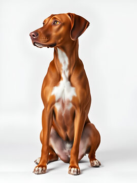 Elegant redbone dog sitting attentively on white background in studio shot, showing sleek fur and muscular build, head in profile looking to the side